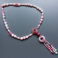 Collana Annodato di Agata Fucsia Tondo Liscio - Sfaccettato, Perle di Fiume con Ciondolo Agata Fucsia in Ottone