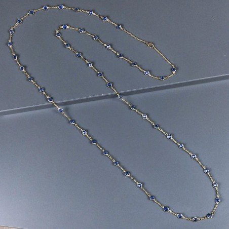 Collana a Catena di Ottone Dorato con Zircone Blu 5mm Incastonato Forma Tondo Sfacettato