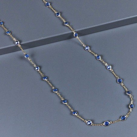 Collana a Catena di Ottone Dorato con Zircone Blu 5mm Incastonato Forma Tondo Sfacettato