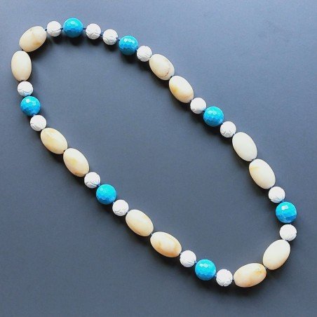 Collana Annodato di Calcite Forma Ovale Tondo Liscio 18x27mm, Agata Bianca inciso, Pasta di Turchese