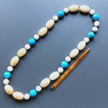 Collana Annodato di Calcite Forma Ovale Tondo Liscio 18x27mm, Agata Bianca inciso, Pasta di Turchese