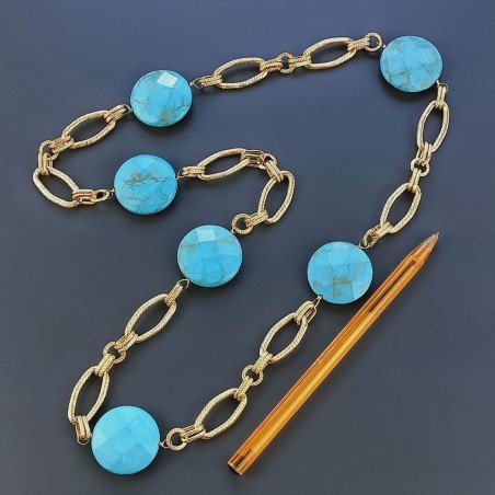 Collana a Catena di Alluminio Dorato con Pasta di Turchese Forma Tondo Piatto Sfacettato