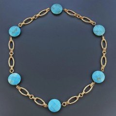 Collana a Catena di Alluminio Dorato con Pasta di Turchese Forma Tondo Piatto Sfacettato