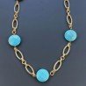 Collana a Catena di Alluminio Dorato con Pasta di Turchese Forma Tondo Piatto Sfacettato