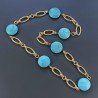 Collana a Catena di Alluminio Dorato con Pasta di Turchese Forma Tondo Piatto Sfacettato