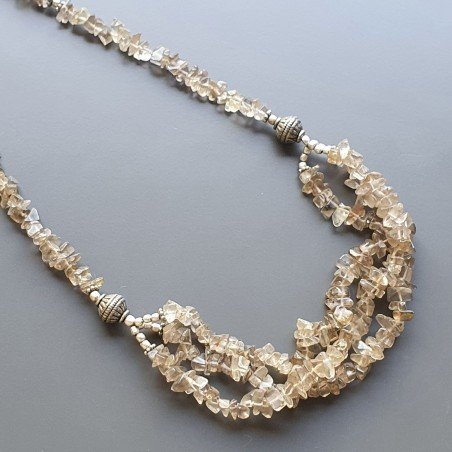 Collana girocollo quarzo fume chips con ottone argentato lavorato infilato