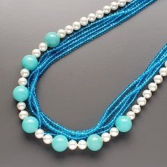 Collana girocollo perle di maiorca tondo liscio 8 mm e angiolite tondo liscio con cristallo azzurro rondelle sfac annodato