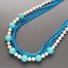 Collana girocollo perle di maiorca tondo liscio 8 mm e angiolite tondo liscio con cristallo azzurro rondelle sfac annodato