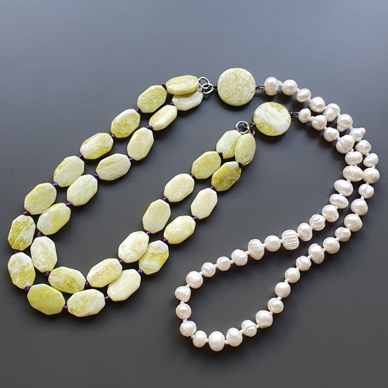 Collane giada limone ottagonale liscio 12x18 mm annodato con perle di fiume acqua dolce Collane giada limone ottagonale liscio 12x18 mm annodato con perle di fiume acqua dolce