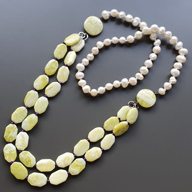 Collane giada limone ottagonale liscio 12x18 mm annodato con perle di fiume acqua dolce Collane giada limone ottagonale liscio 12x18 mm annodato con perle di fiume acqua dolce