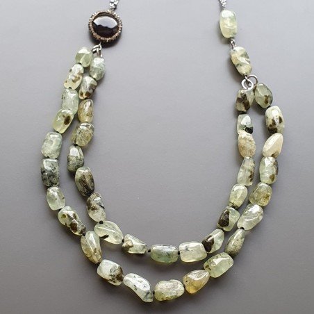 Collana in acciao con prenite sassi liscia con centrale di agata nera strass annodato