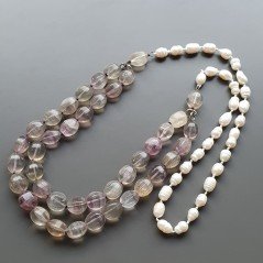 Collana florite ovale 6 facce liscio con centrale pietre dure miste annodato