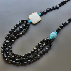 Collana Annodato di Agata Nera Forma Tondo Piatto 12mm con Resina Ambra Azurra e Centrale in Agata Bianca
