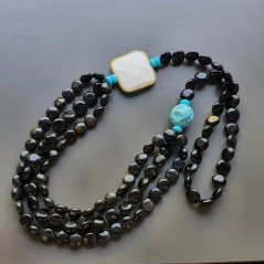 Collana Annodato di Agata Nera Forma Tondo Piatto 12mm con Resina Ambra Azurra e Centrale in Agata Bianca