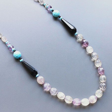 Collana florite ovale 6 facce e rondelle con pietre  dure miste annodato