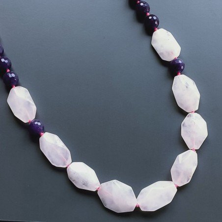 Collana Annodato di Calcedonia Rosa Forma Goccia Sfaccettato con Quarzo Rosa Sassi e Pietre Dure