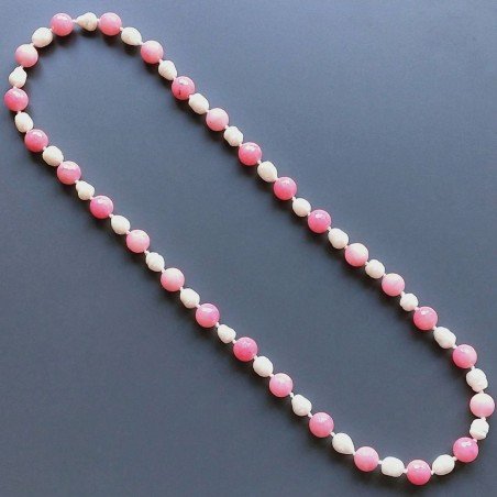 Collana giada fucsia tondo sfac 14 mm con perle di fiume acqua dolce annodato