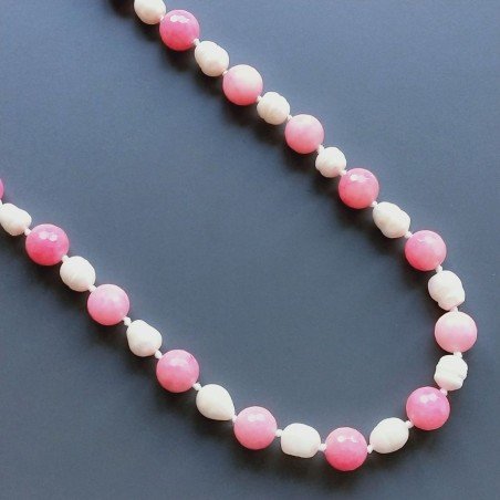 Collana giada fucsia tondo sfac 14 mm con perle di fiume acqua dolce annodato