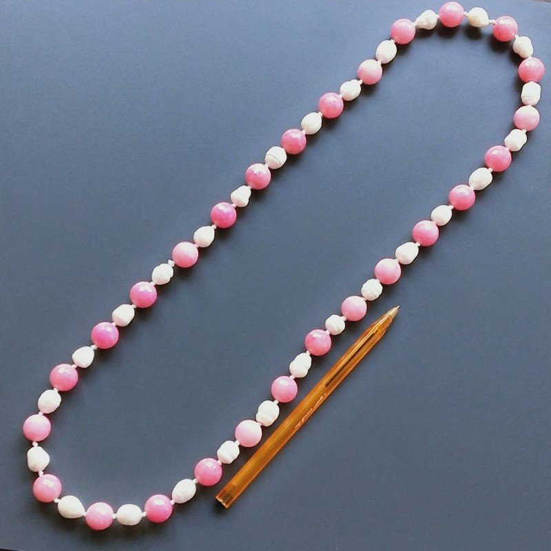 Collana giada fucsia tondo sfac 14 mm con perle di fiume acqua dolce annodato