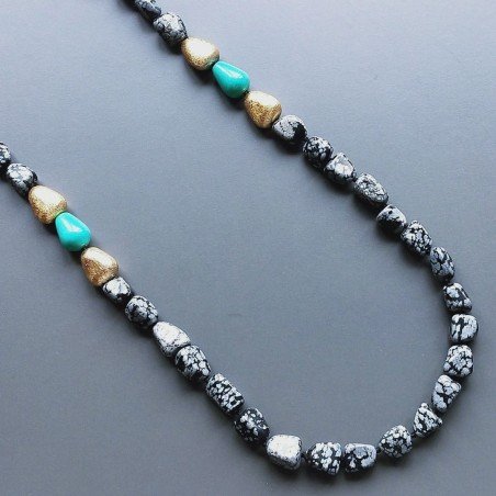 Collana ossidiana sassi lisci con argento indiano dorato e pasta di turchese annodato