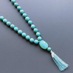 Collana mala pasta di turchese tondo sfac 11 mm con calcidonia azzurro sassi sfac e nappina annodato