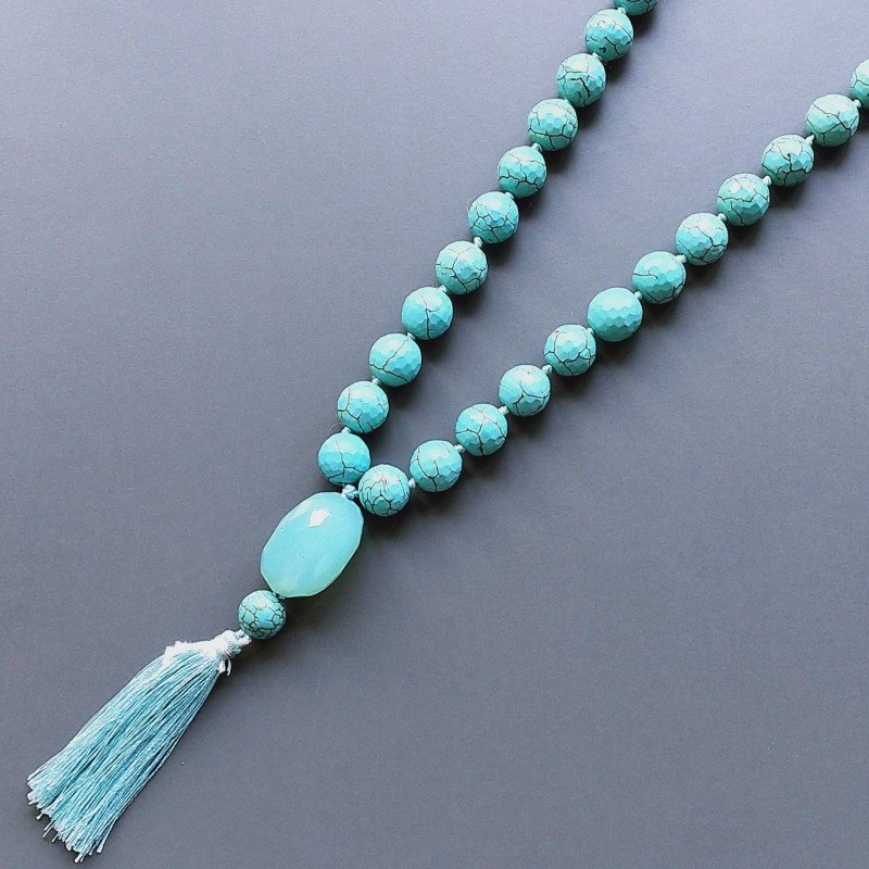 Collana mala pasta di turchese tondo sfac 11 mm con calcidonia azzurro sassi sfac e nappina annodato