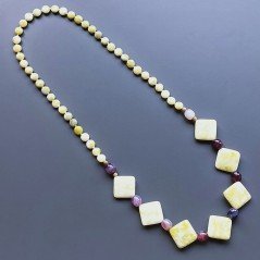 Collana giada limone forme miste con agata viola cilindro liscio annodato