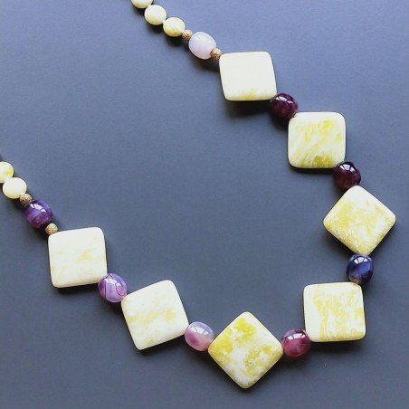 Collana giada limone forme miste con agata viola cilindro liscio annodato