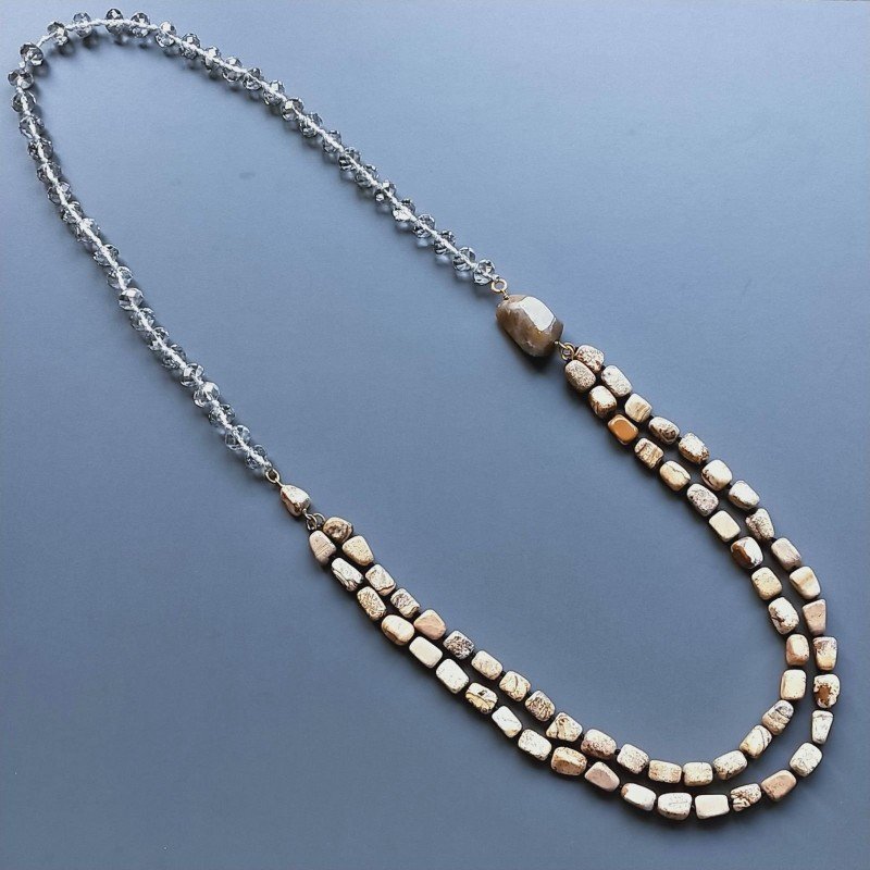 Collana cristallo sferico sfac verde e blu con perle di fiume acqua dolce annodato
