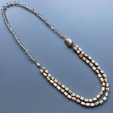 Collana cristallo sferico sfac verde e blu con perle di fiume acqua dolce annodato