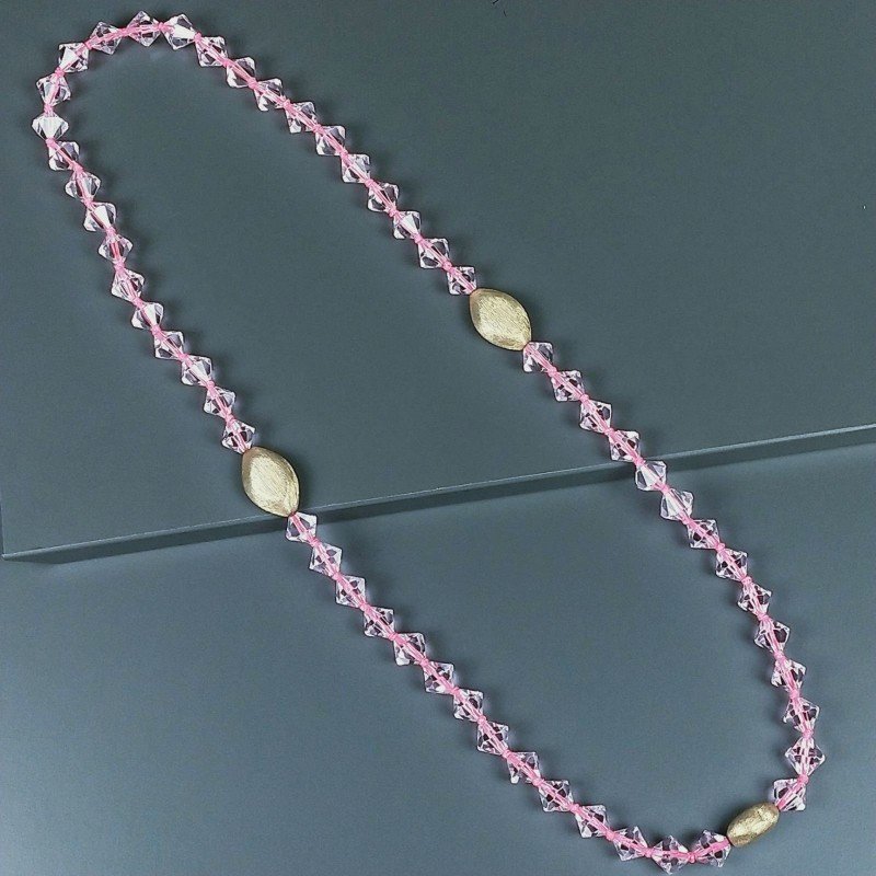 Collana cristallo rosa rombo sfac 12 mm con argento indiano dorato annodato