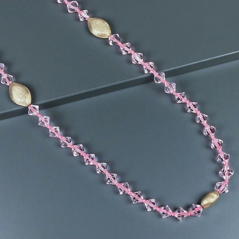 Collana cristallo rosa rombo sfac 12 mm con argento indiano dorato annodato