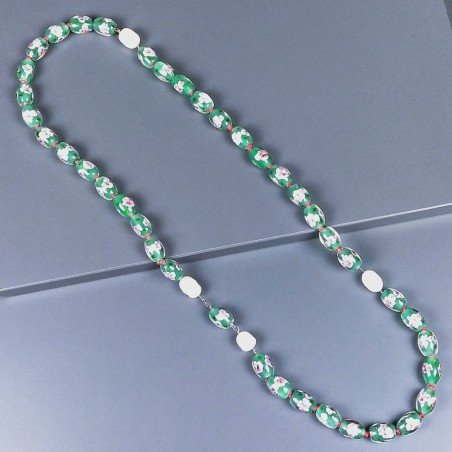 Collana vetro di murano cilindro liscio 12x16 mm con fiore rosa e perle di fiume annodato