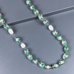 Collana vetro di murano cilindro liscio 12x16 mm con fiore rosa e perle di fiume annodato