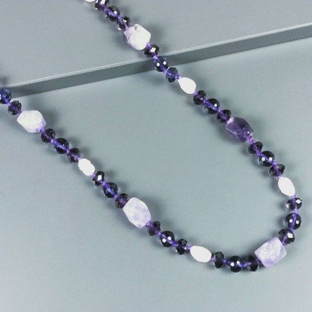 Collana cristallo viola sfac con ametista sassi sfac con perle di fiume acqua dolce annodato
