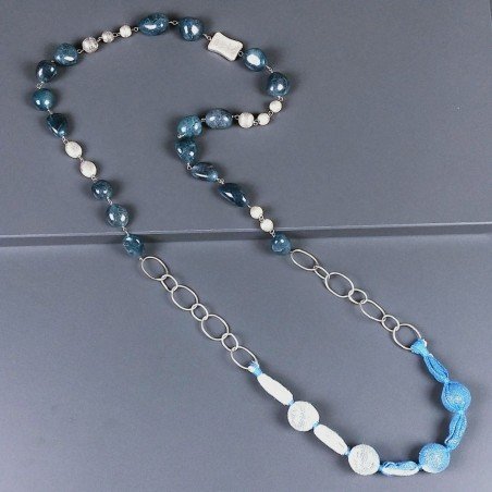 Collana foulard con pietre dure miste e ottone argentato 90 cm