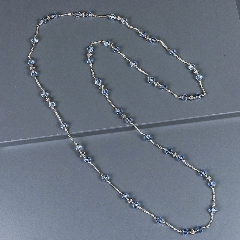 Collana cristallo grigio azzurro trasp rondelle sfac 8mm con ottone argentato lavorato 116 cm