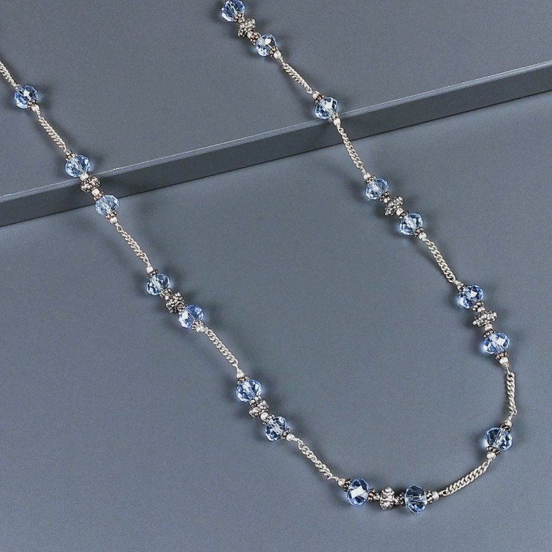 Collana cristallo grigio azzurro trasp rondelle sfac 8mm con ottone argentato lavorato 116 cm