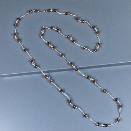 Collana cristallo ambrato rondelle sfac 8mm con ottone argentato lavorato 116 cm