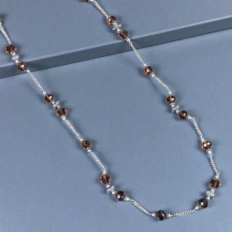 Collana cristallo ambrato rondelle sfac 8mm con ottone argentato lavorato 116 cm