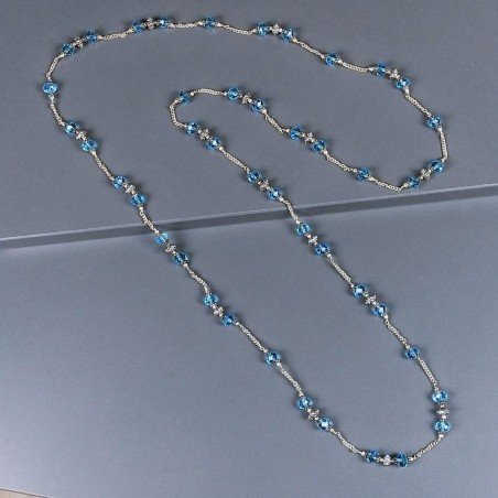 Collana cristallo azzurro rondelle sfac 8mm con ottone argentato lavorato 116 cm