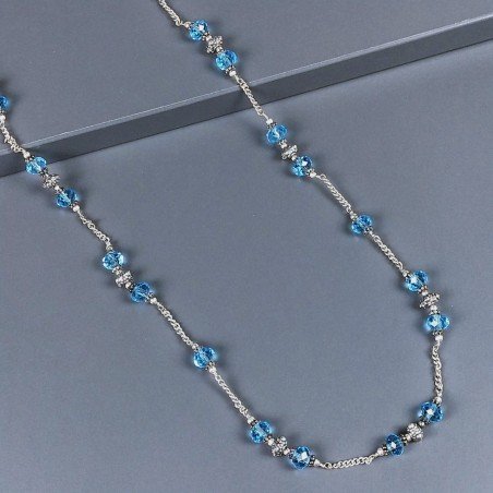 Collana cristallo azzurro rondelle sfac 8mm con ottone argentato lavorato 116 cm