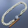 Collana giada limone rettangolare liscio borsi arrotondati e centrale cristallo di rocca annodato