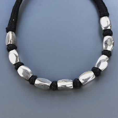 Collana girocollo di seta indiana nera con ottone argentato rettangolare 3 facce liscio 13x18 mm