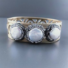 Bracciale Di Bronzo Rigidi Lavorato Con Componente Strass Marcasite e Perle di Fiume