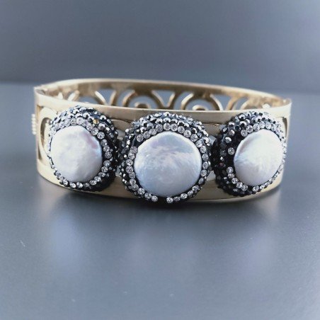 Bracciale Di Bronzo Rigidi Lavorato Con Componente Strass Marcasite e Perle di Fiume