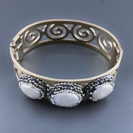 Bracciale Di Bronzo Rigidi Lavorato Con Componente Strass Marcasite e Perle di Fiume