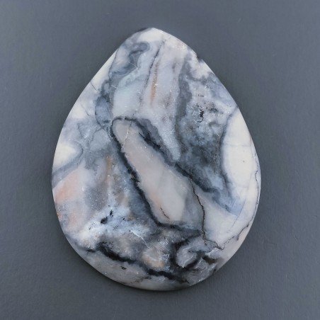 Diaspro Maligano Grigio Naturale Forma Goccia Piatto Cabochon Liscio Fatto a Mano 40X31X5mm 13,19gm 1pz