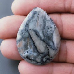 Diaspro Maligano Grigio Naturale Forma Goccia Piatto Cabochon Liscio Fatto a Mano 40X31X5mm 13,19gm 1pz