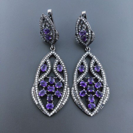 Orecchini Di Argento 925 con Gemme di Ametista, Zircone a Perno Chiuso